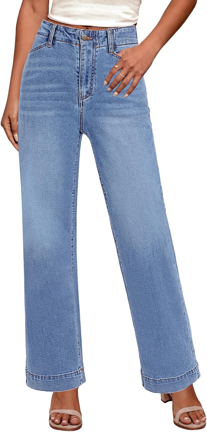 GRAPENT Wide Leg Jeans Woman High Waisted Trendy Stretchy Denim Pants Classic Trouser Jeans with Slash Pockets