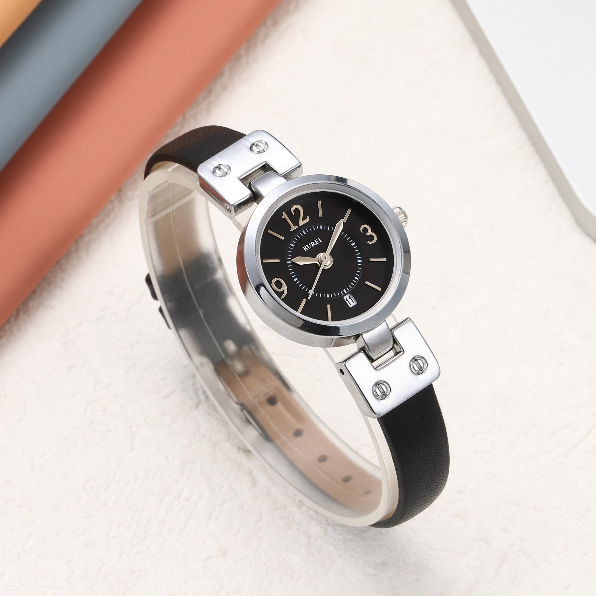 BUREI Orologio al quarzo da donna, 25 mm, quadrante piccolo ed elegante con cinturino in pelle, minimalista, leggero, casual, regalo per la festa della mamma, nero-argento-nero-argento, Casual Nicchia