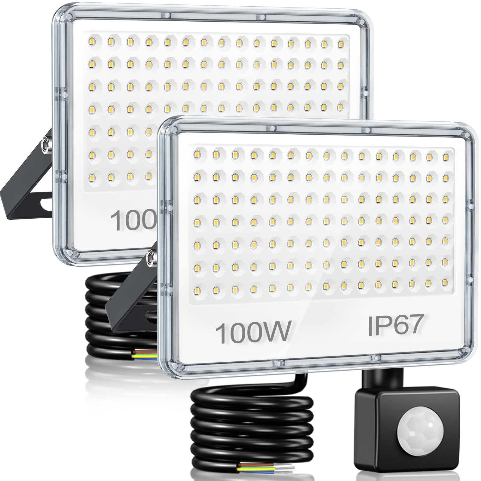 YIQIBRO 100W LED Strahler mit Bewegungsmelder Außen für Garten - 2 Stück | 10000LM LED Scheinwerfer mit Bewegungsmelder, 6500K Kaltweiß Außenstrahler, IP67 Wasserdichte Fluter für Lager Garage Keller