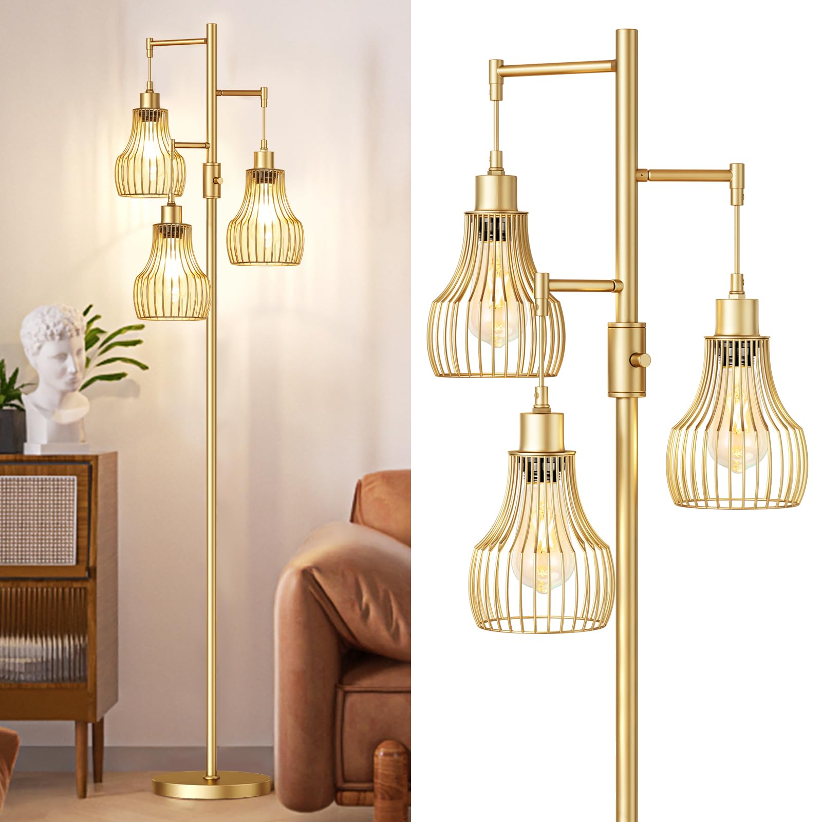 mi-tan0619ページ Mid Century Chandelier 19.68 inch, Natural Wood and Brass