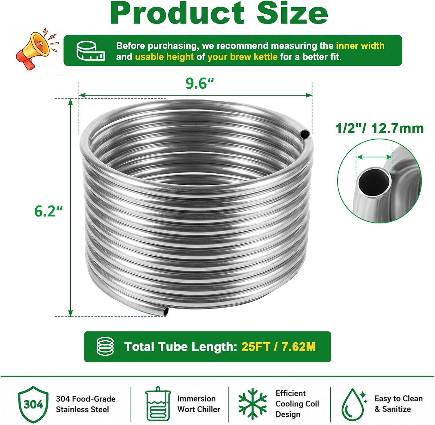 Wort Chiller 1/2" x 25FT, Food Grade Immersion Chiller Coil for Brewing