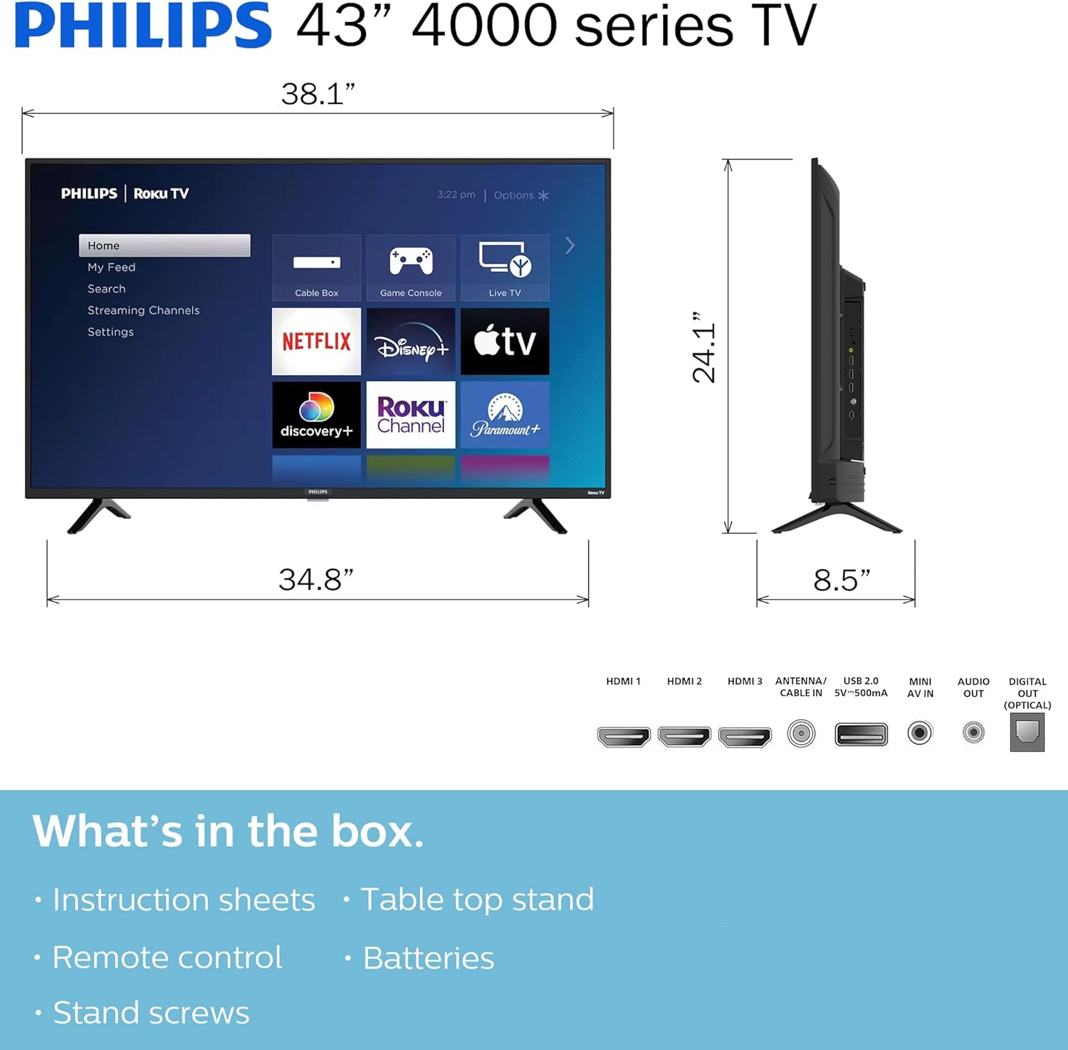 PHILIPS 43Inch 1080p FHD LED Roku Smart TV with Voice Control App