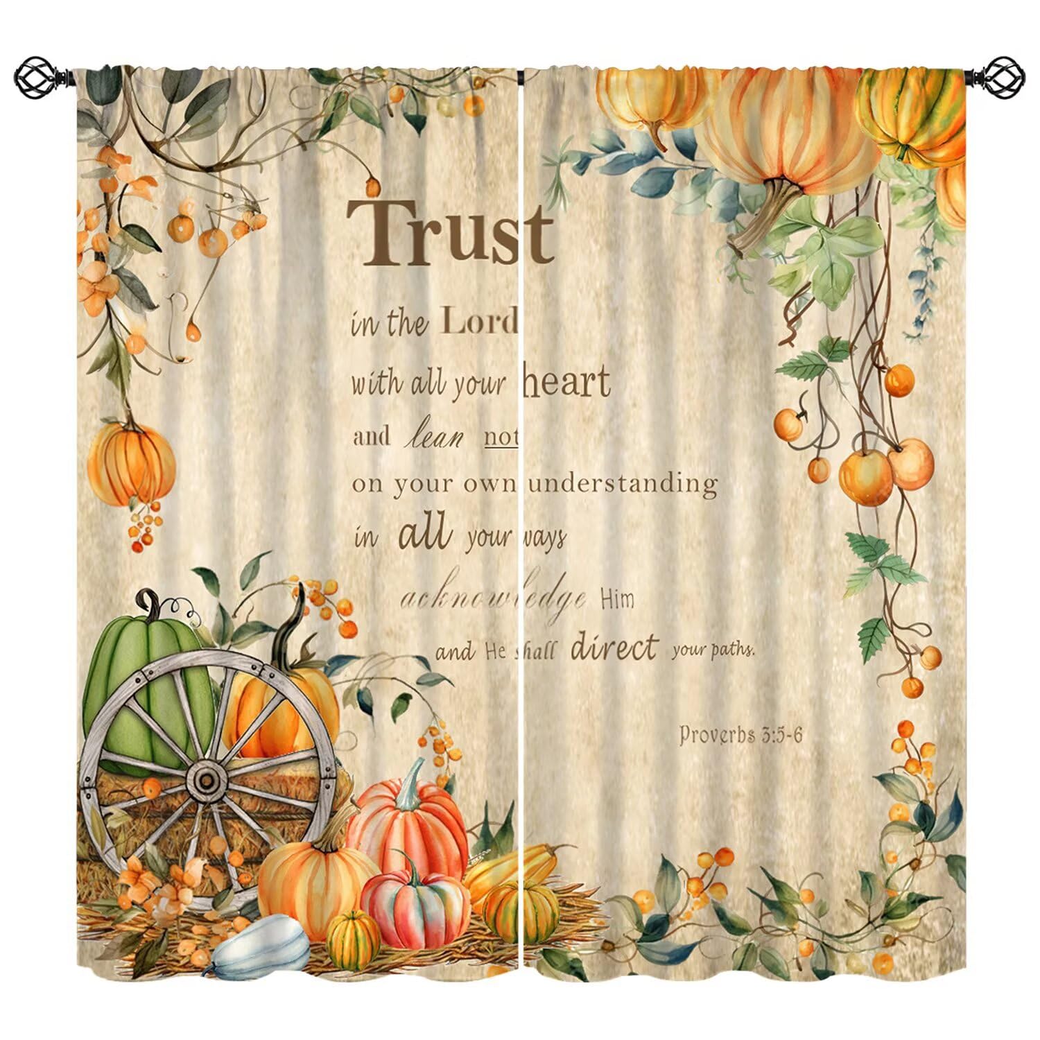 Moderw Fall Quotes Curtain, Retro Farmhouse Pumpkins Autumn Thanksgiving Harvest Window Treatment Motivational Inspirational Christian Bible Verses Drapes for Bedroom Living Room W63xL63in