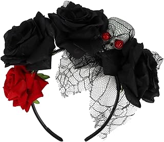 Halloween Black Red Flower Veil Headband Skeleton Skull Headpiece Day of The Dead Hairband Mexican Floral Hair Band Gothic Horror Hair Accessories For Women Cosplay Party Costume Supplies