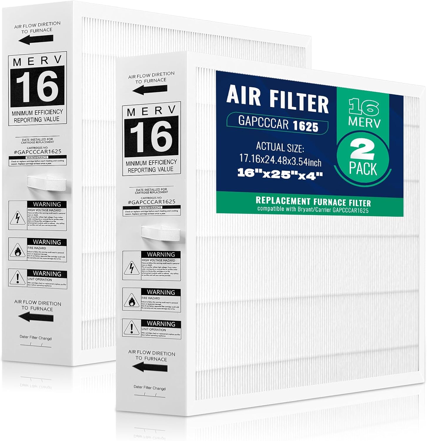 2-Pack GAPCCCAR1625 Replacement Air Filter MERV 16 Compatible With Bryant/Carrier Infinity 16" x 25" x 4"Air Purifier (Actual Size: 17.16'' x 24.48'' x 3.54'')