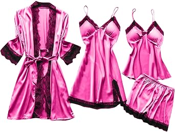 Womens Satin Pajamas Robe Sets 4pcs Sexy Lace Trim Cami Top Chemise Nightgown Sleepwear with Shorts