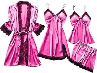 Women' Silk Satin Pajamas Set 4PCS Floral Lace Cami Sleepwear with Robe Pajamas Dress Nightdress Novelty Sexy Nightwear