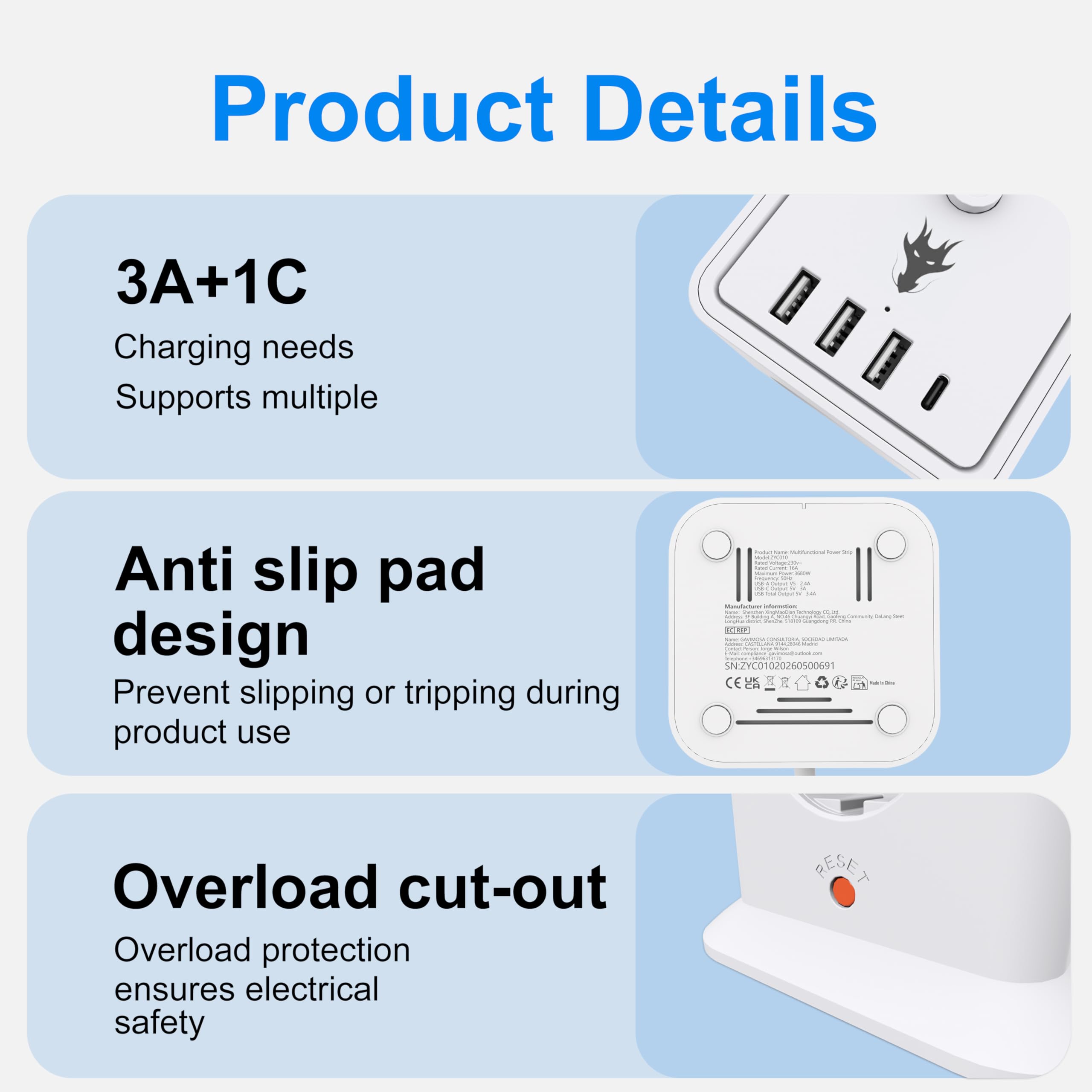 5M Ciabatta Elettrica Multipresa,8 Prese ITA e Schuko,3USB‑A+1USB‑C Bianco | Presa multipla torretta verticale 16A 3680W, interruttore generale, protezione sovratensione, cavo prolunga lungo