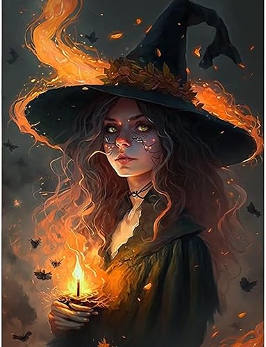 CoHraeu Kits de pintura de diamantes de Halloween para adultos, arte de diamante de bruja mágica 5D para adultos principiantes, pinturas de taladro