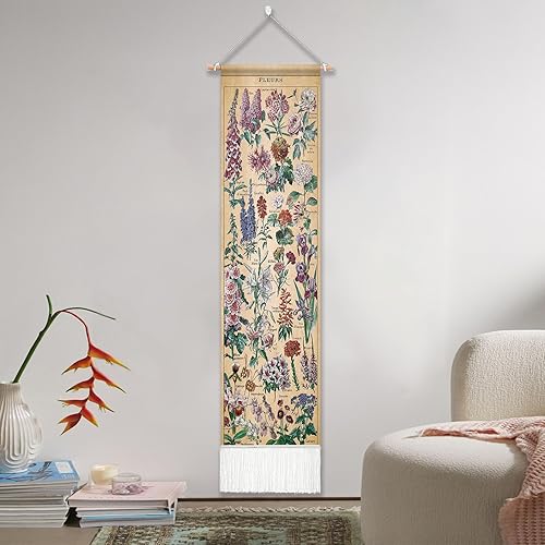 Miniatura 7 de Tapiz de flores vintage de 51 x 13 pulgadas, largo vertical para colgar en la pared, referencia ilustrativa botánica, tapices botánicos para