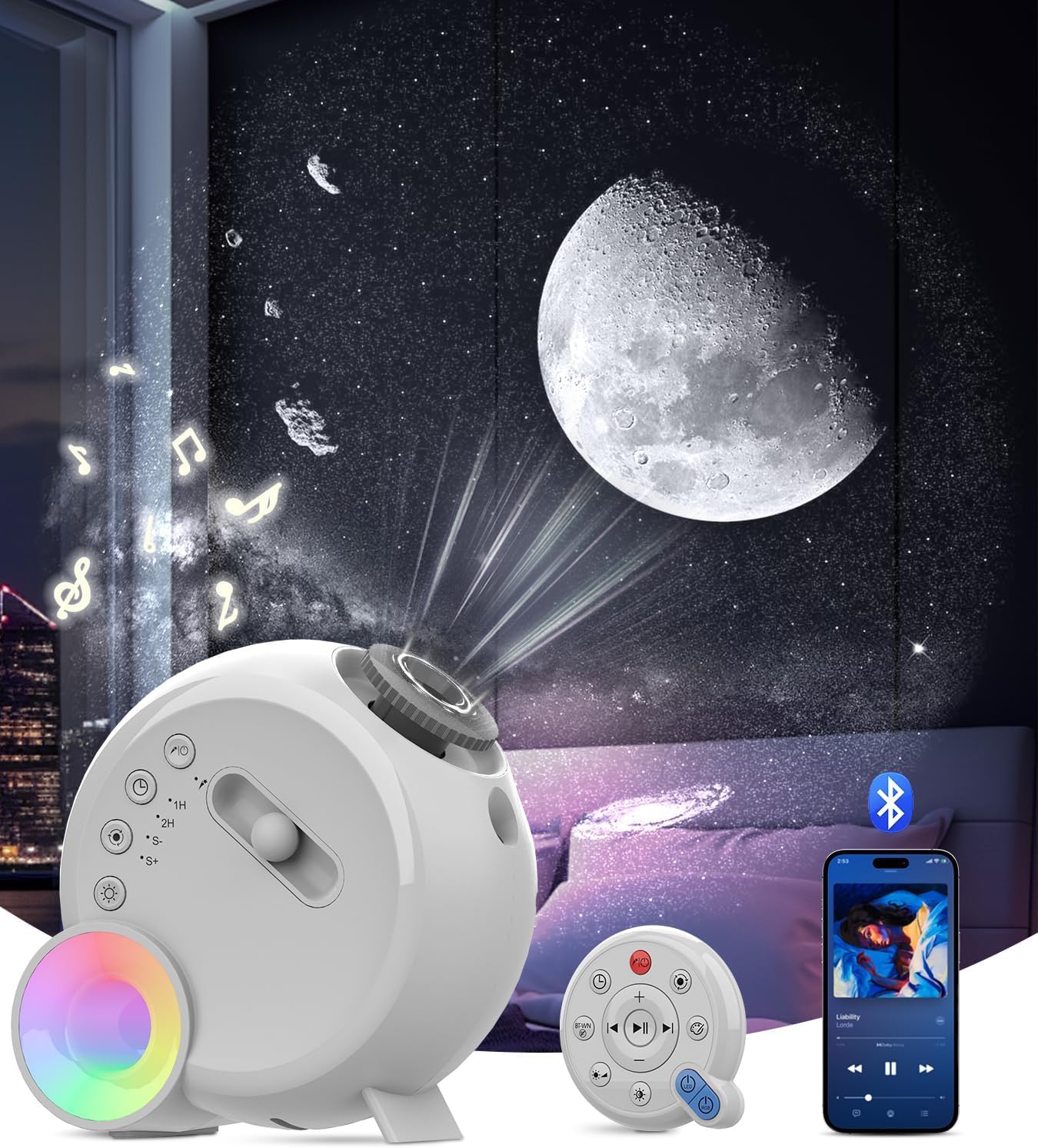 Galaxy Projector for Bedroom,4K Image Planetarium Projector Adjustable Knob,13 in 1 Kids Night Light Projector with Built-in Speaker & White Noise,360° Rotating with Remote Timer (White)