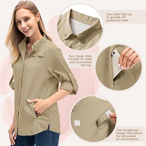 Miniatura 3 de Camisas de safari de protección solar para mujer, UPF 50+, manga larga, protección UV, para exteriores, frescas, de secado rápido, para pesca,