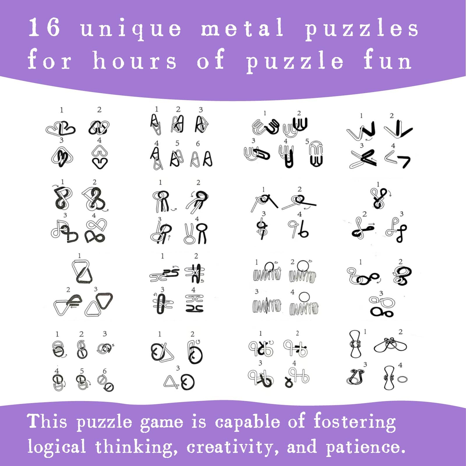 Juego de 16 piezas de rompecabezas IQ para juegos de ajos para adultos y niños a partir de 6 años, juegos de habilidad con tarjetas de solución, juguetes educativos, juegos de viaje, idea de