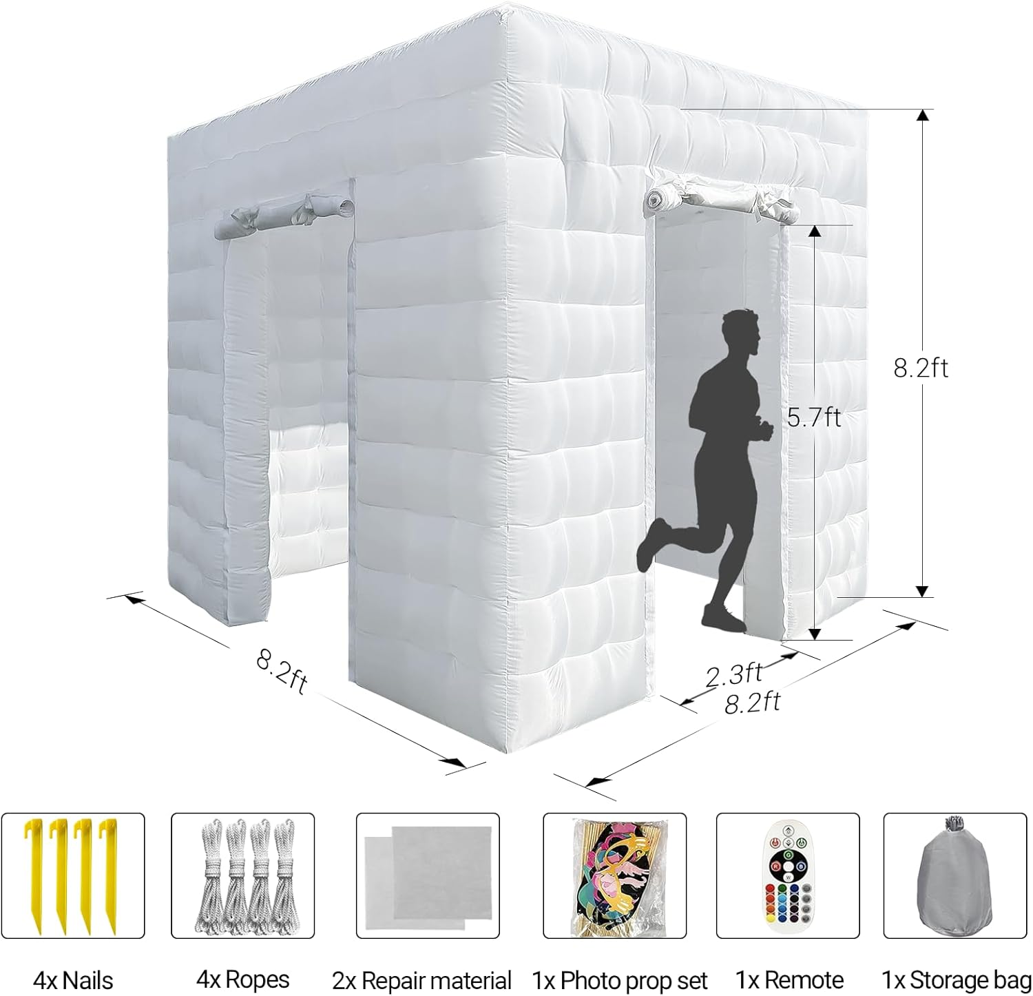 OZIS 2-Door Inflatable Photo Booth Enclosure 8.2x8.2ft with 16-Color LED Lights & Built-in Blower,Portable Photo Booth Tent for Weddings, Parties, Proms & Bars (White)