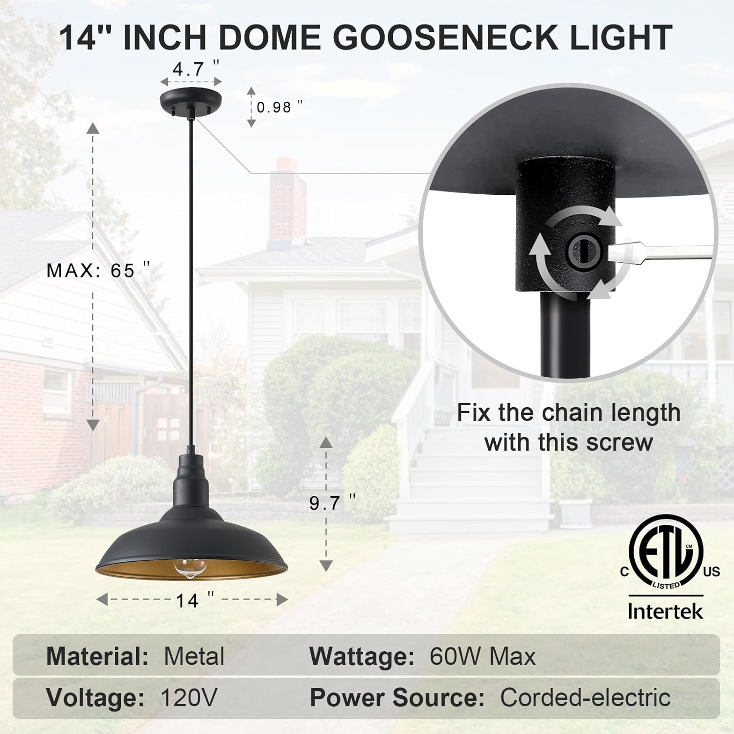 Farmhouse Pendant Lights with Large 14 Inch Dome, Barn Style Hanging Light Fixture for Kitchen, Dinning Room, Black Ceiling Mount Lighting for Indoor and Outdoor Use, Height Adjustable