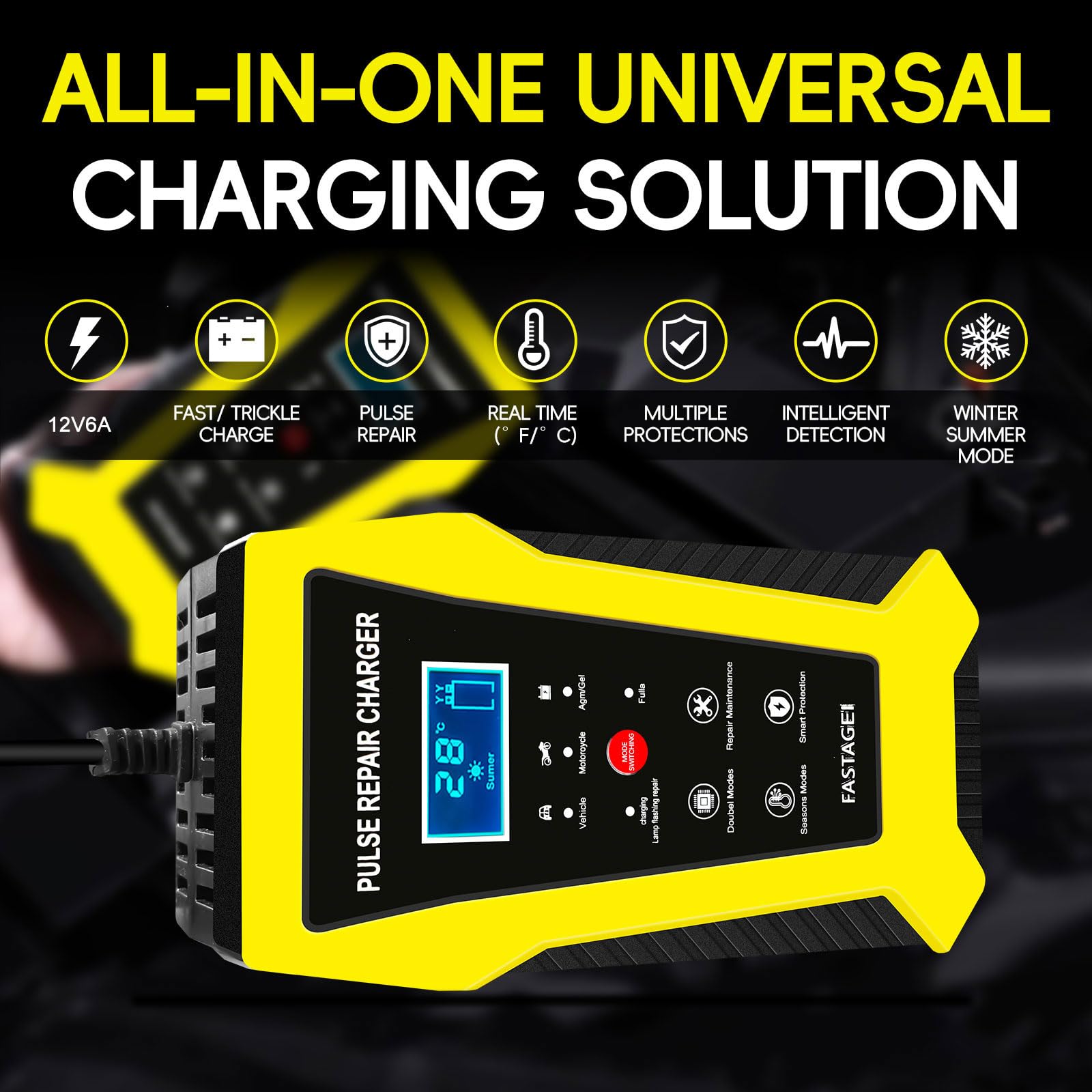 FASTAGEI 6-Amp Battery Charger, 12V 6A Lead Acid Portable Car Battery Charger 4-Stage Trickle Charger Smart Battery Maintainer w/Temp Compensation for Car Truck Lawn Mower Boat Marine