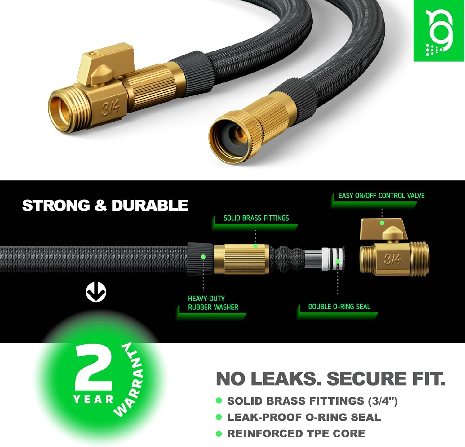 Easy to Use Garden Hose 100 FT, Lightweight and Leak-Proof Heavy-Duty Flexible Water Hose 100FT with Reinforced TPE Core, 3/4" Solid Brass Fittings, Ultra-Flow Manguera Para Jardin, Built to Last - Image 3