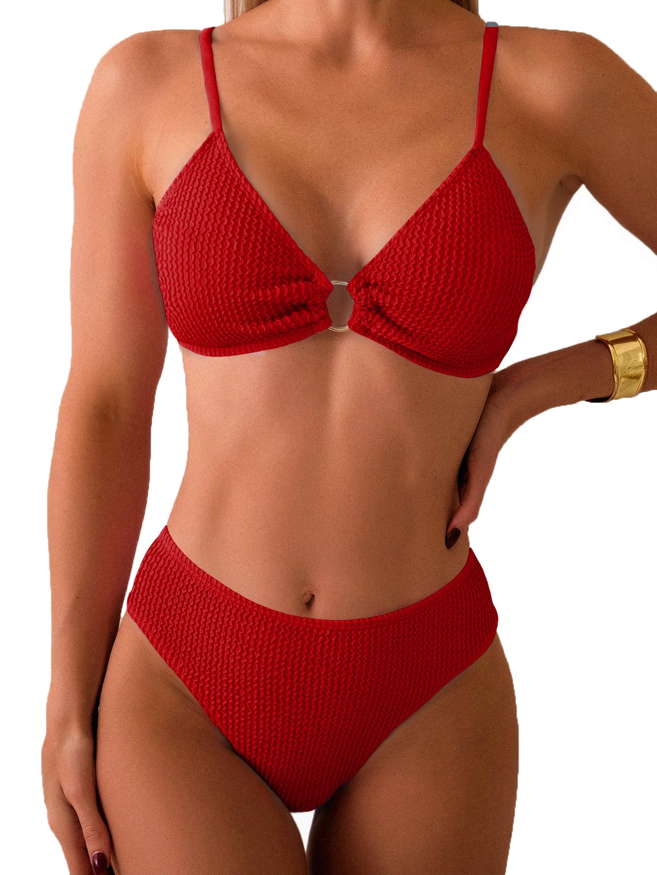 Fanuerg Womens Ribbed Triangle Bikini Sets O Ring Linked Two Piece Swimsuit Textured Cheeky Swim Bathing Suit