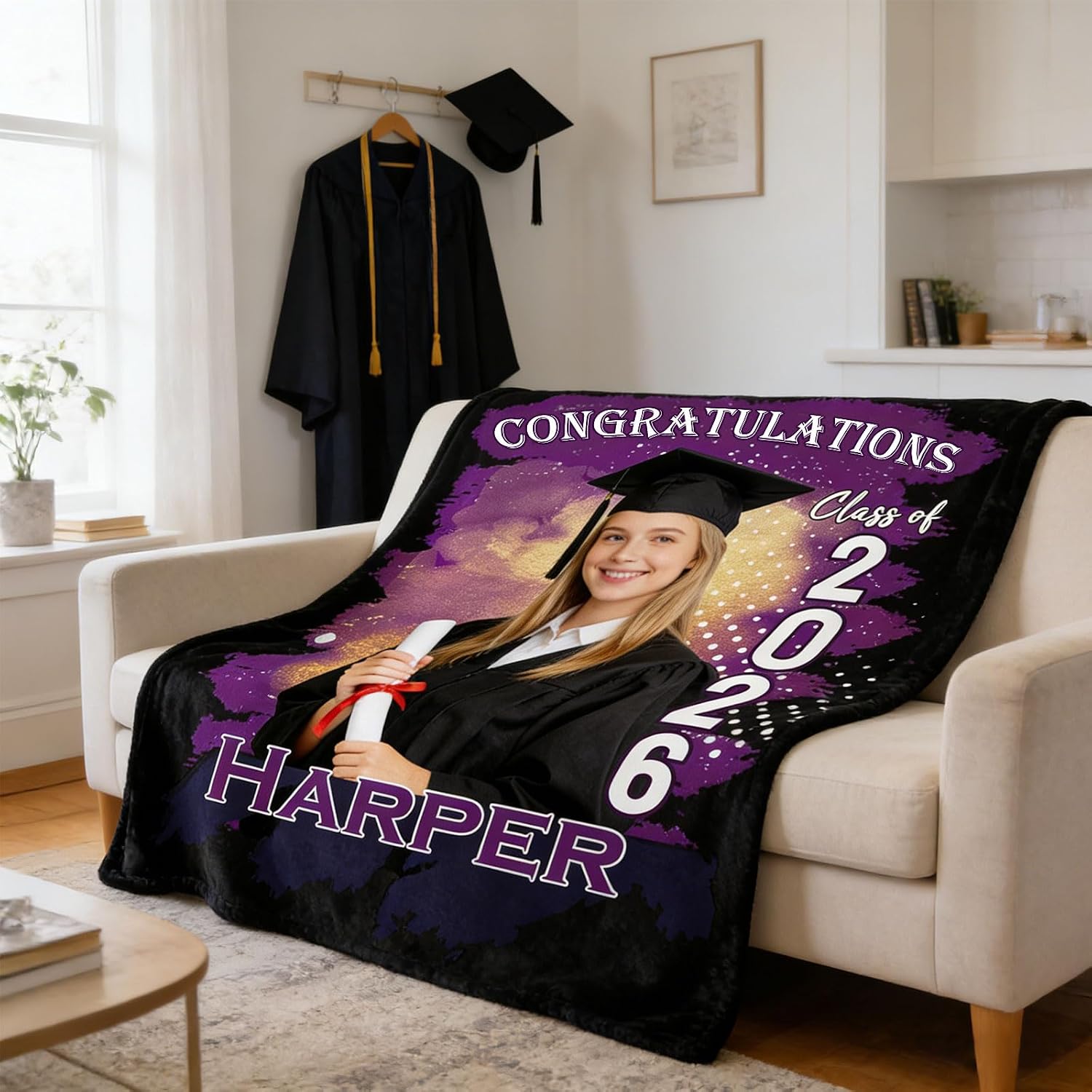 Ships Next Day Custom Graduation Blanket with Picture Text, Class of 2026 Personalized Photo Throw Blankets Customized Flannel Blanket Graduation Gifts for Him Her Son Daughter Brother Sister