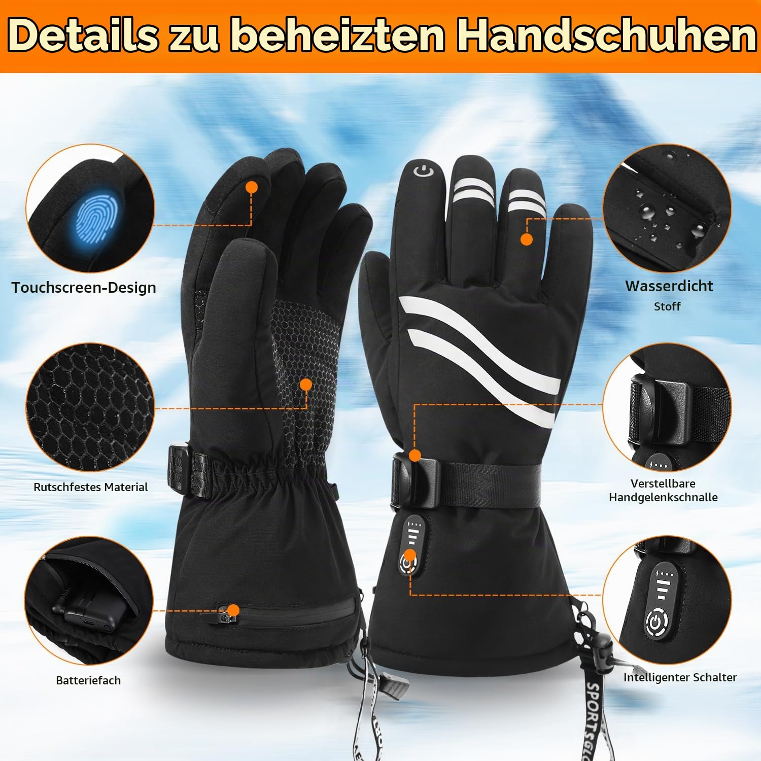 Beheizbare Handschuhe Herren Damen, Wiederaufladbare Elektrische Beheizte Handschuhe mit 2600mAh Akku 3 Heizstufen, wasserdichte Handwärmer Handschuh Beheizbar Schwarz 2XL