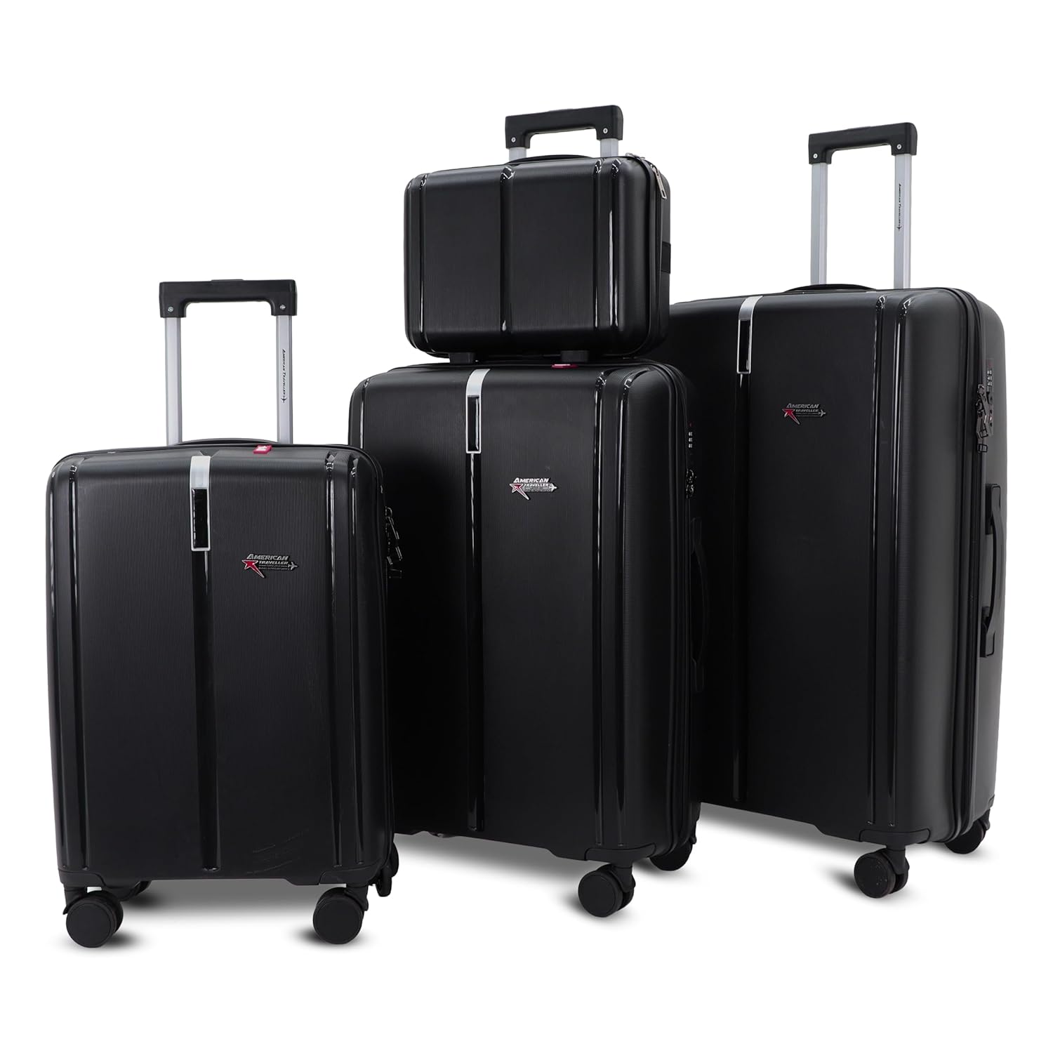 AMERICAN TRAVELLER Tokyo Polypropylene 4-Piece Luggage Trolley Bag Set | TSA-Type Lock, 360° Spinner Wheels, Durable Hard Shell Suitcase for Travel (4, Black, Mini,Small,Medium,Large)