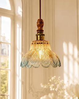Homesake Botanica Pendant Lamp Petal Scalloped Glass Hanging Light with Solid Wood Top Vintage European Ceiling Fixture, Pendant Light for Home D cor, Hallway, Kitchen & Balcony, (Petal, Blue)