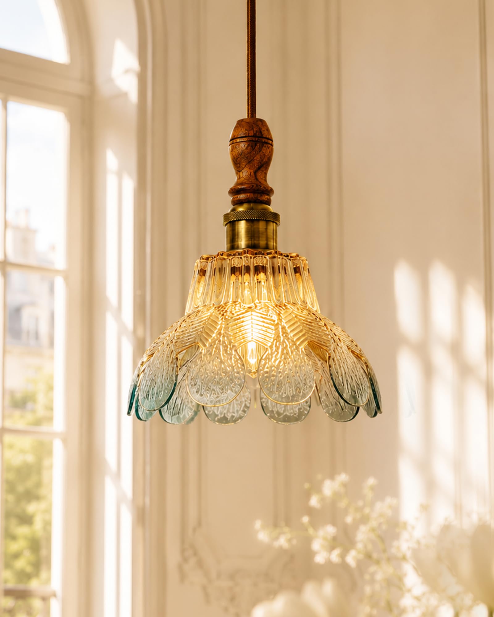 Homesake® Botanica Pendant Lamp | Petal Scalloped Glass Hanging Light with Solid Wood Top | Vintage European Ceiling Fixture, Pendant Light for Home Décor, Hallway, Kitchen & Balcony, (Petal, Blue)-image-9