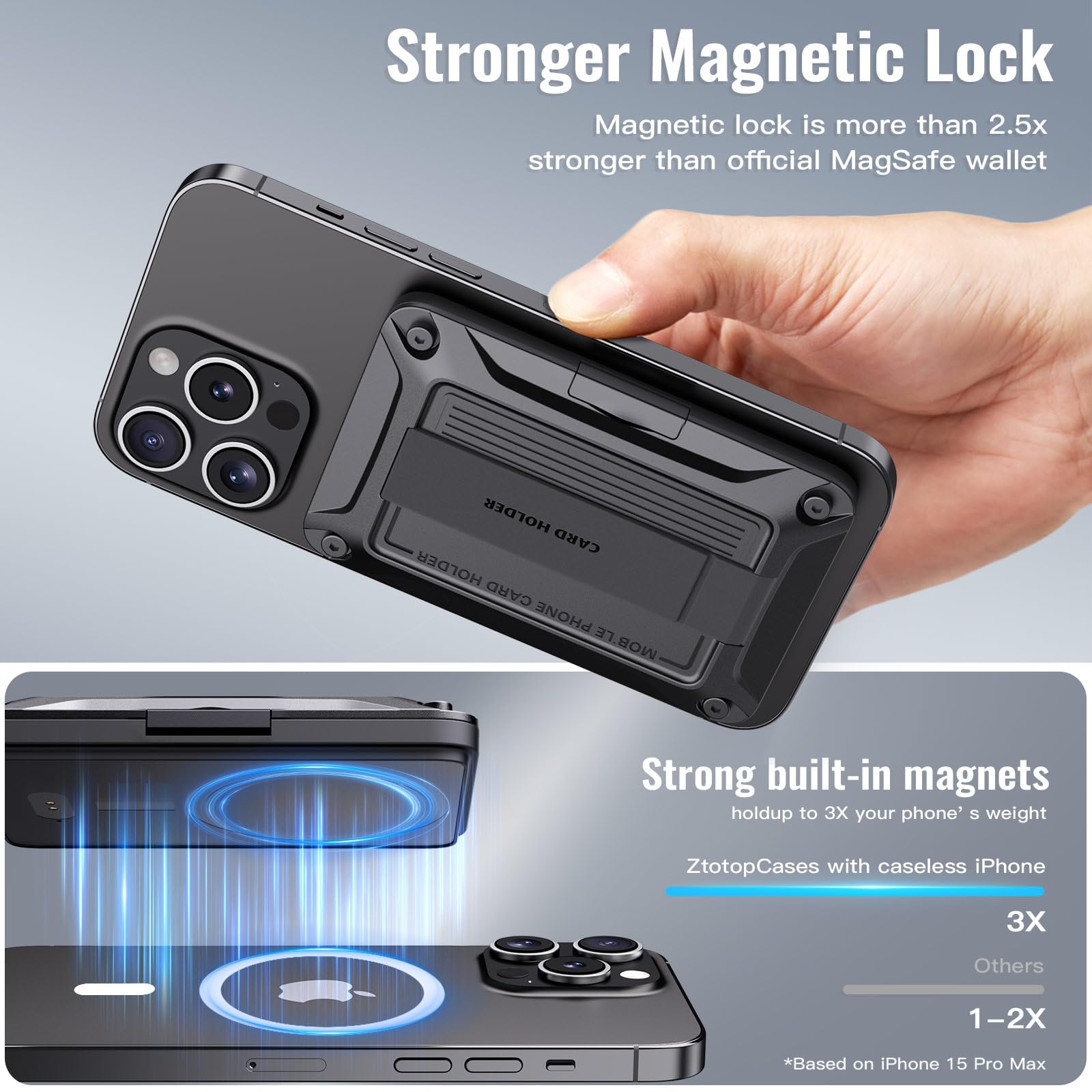 ZtotopCases Soporte para Tarjetas Compatible con MagSafe Wallet, Compatible con Find My, Billetera Magnética para iPhone 16/15/14/13/12 Serie, para 3 Tarjetas, Negro