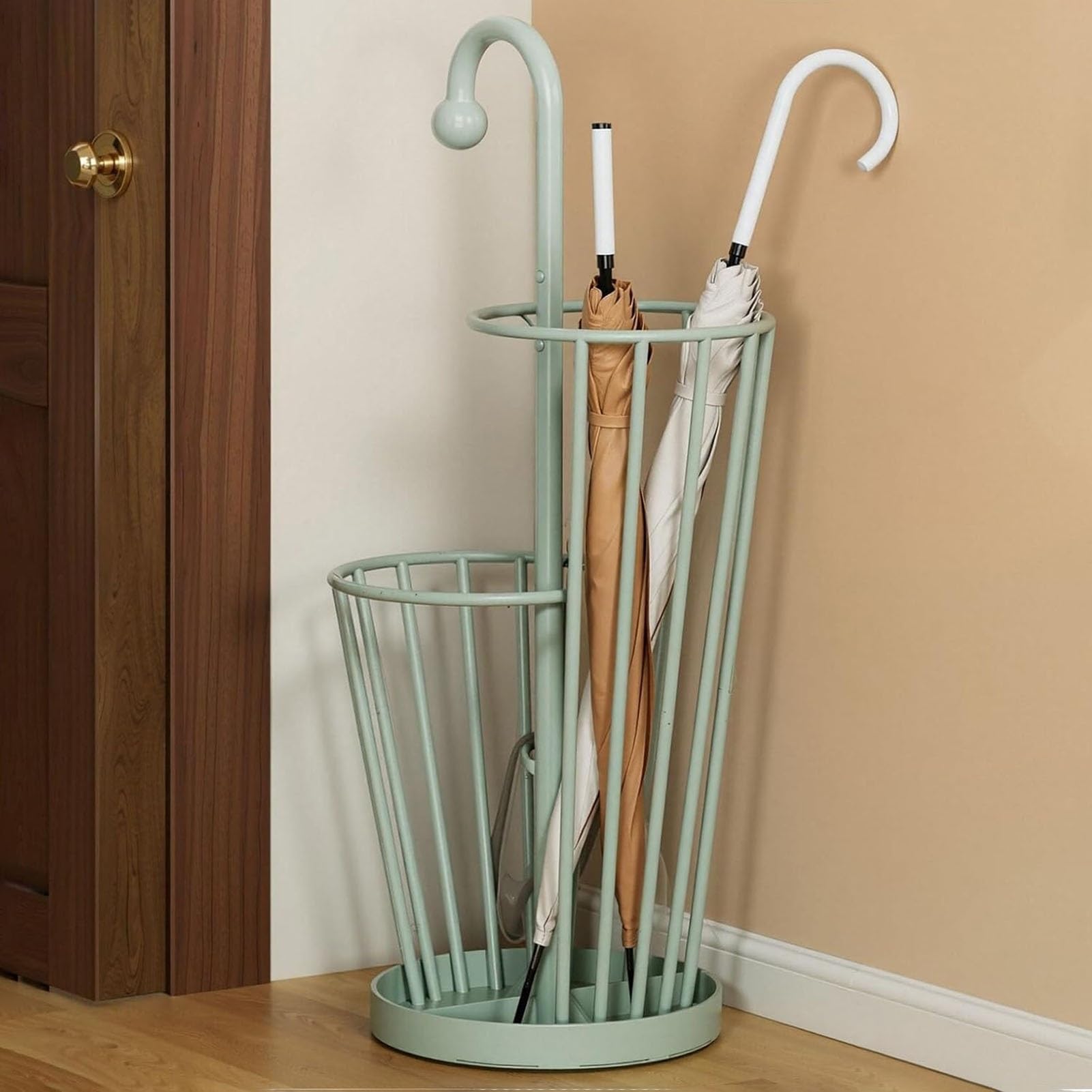 Soporte de paraguas de doble capa, contenedor de metal para entrada de bastones, organizador de paraguas que ahorra espacio para el hogar, oficina, apartamento