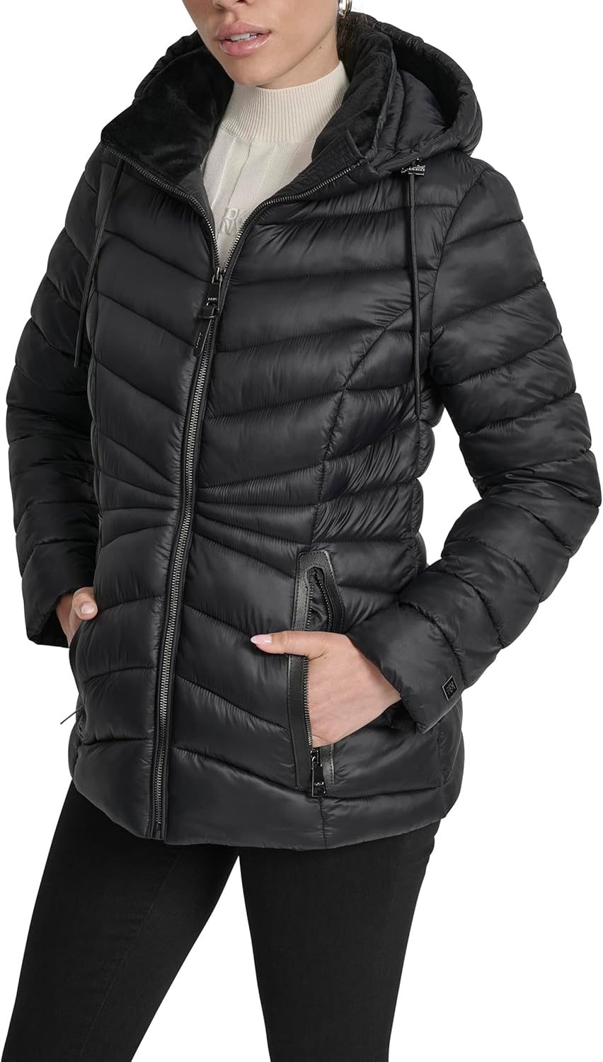 DKNY Women's Short Lightweight Puffer Jacket With Faux Fur Lined Collar – Insulated Cozy Outerwear - Image 2