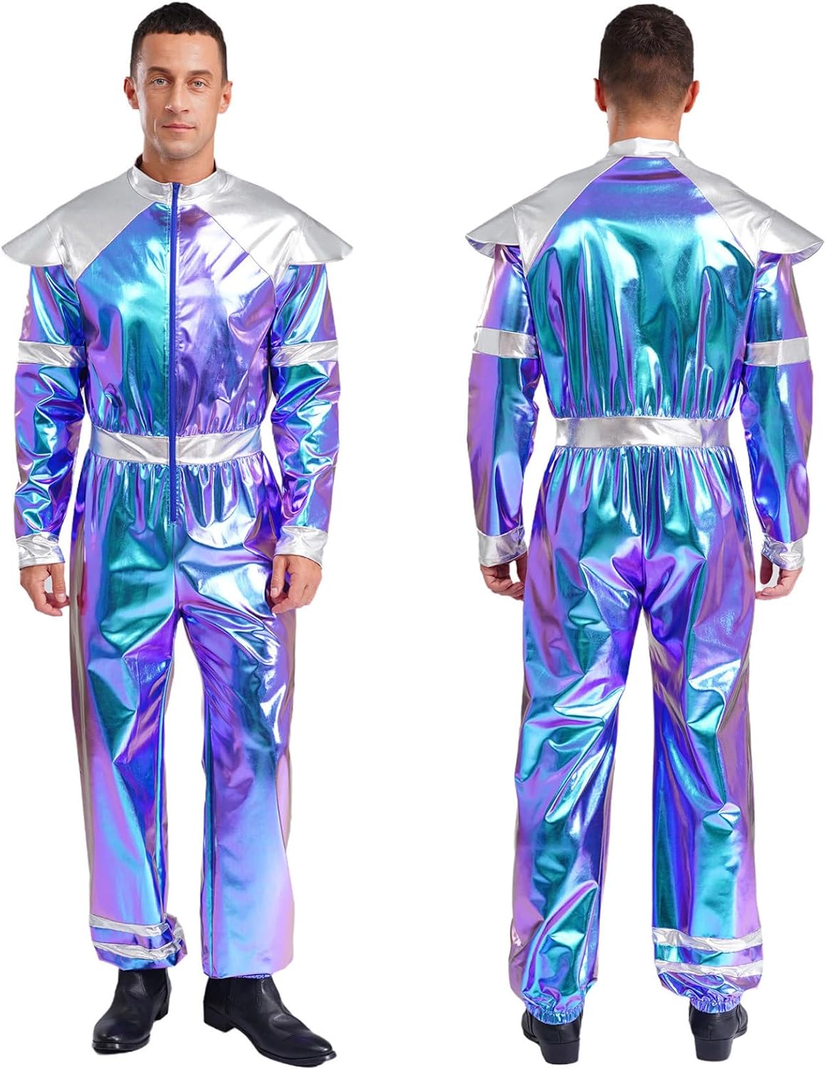 Hedmy Men's Shiny Metallic Robot Astronaut Costume Long Sleeves Jumpsuit Leotard Space Alien Bodysuit