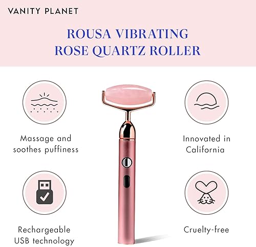 Miniatura 4 de Vanity Planet Vibrating Rose Quartz Roller - Rodillo facial de piedra natural ayuda a reducir las líneas finas y las arrugas 13000 vibraciones