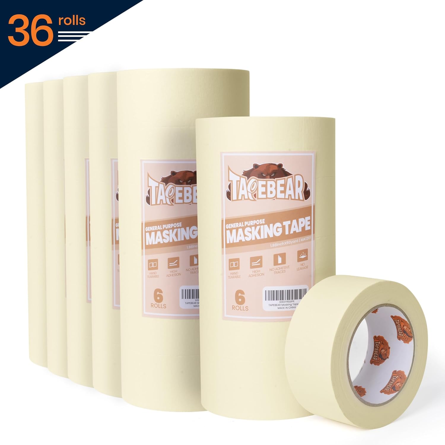 TAPEBEAR General Purpose Masking Tape Beige White 1.88 Inches x 60 Yards, Bulk Painters Tape for Painting, Labeling, DIY Arts Crafts, Home Office School Projects, 36 Rolls