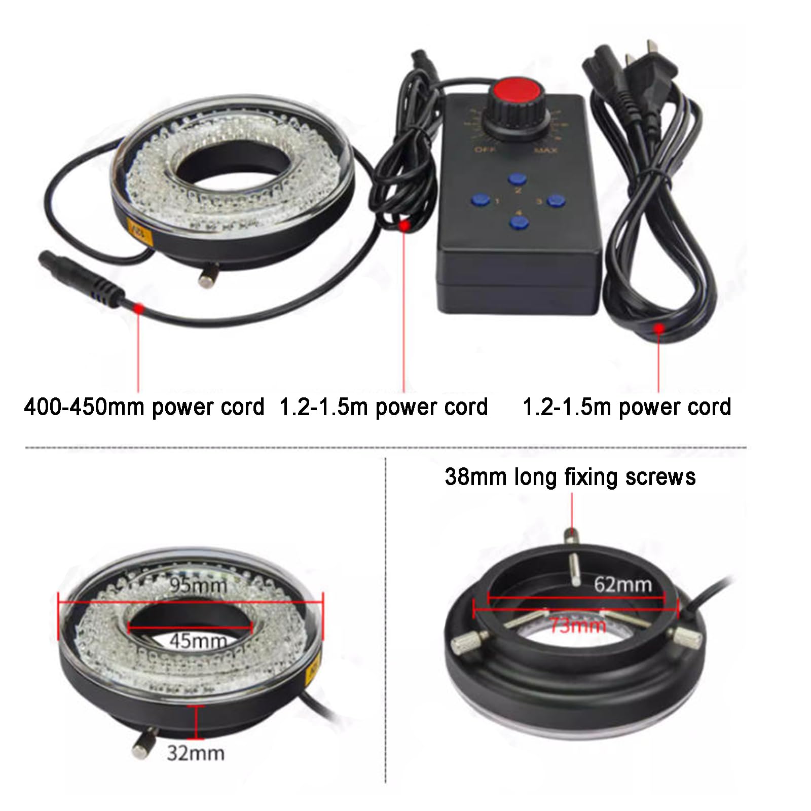 Anillo de luz LED para microscopio con 148 cuentas LED, lámpara iluminadora y controlador para cámara de microscopio industrial, foto y video