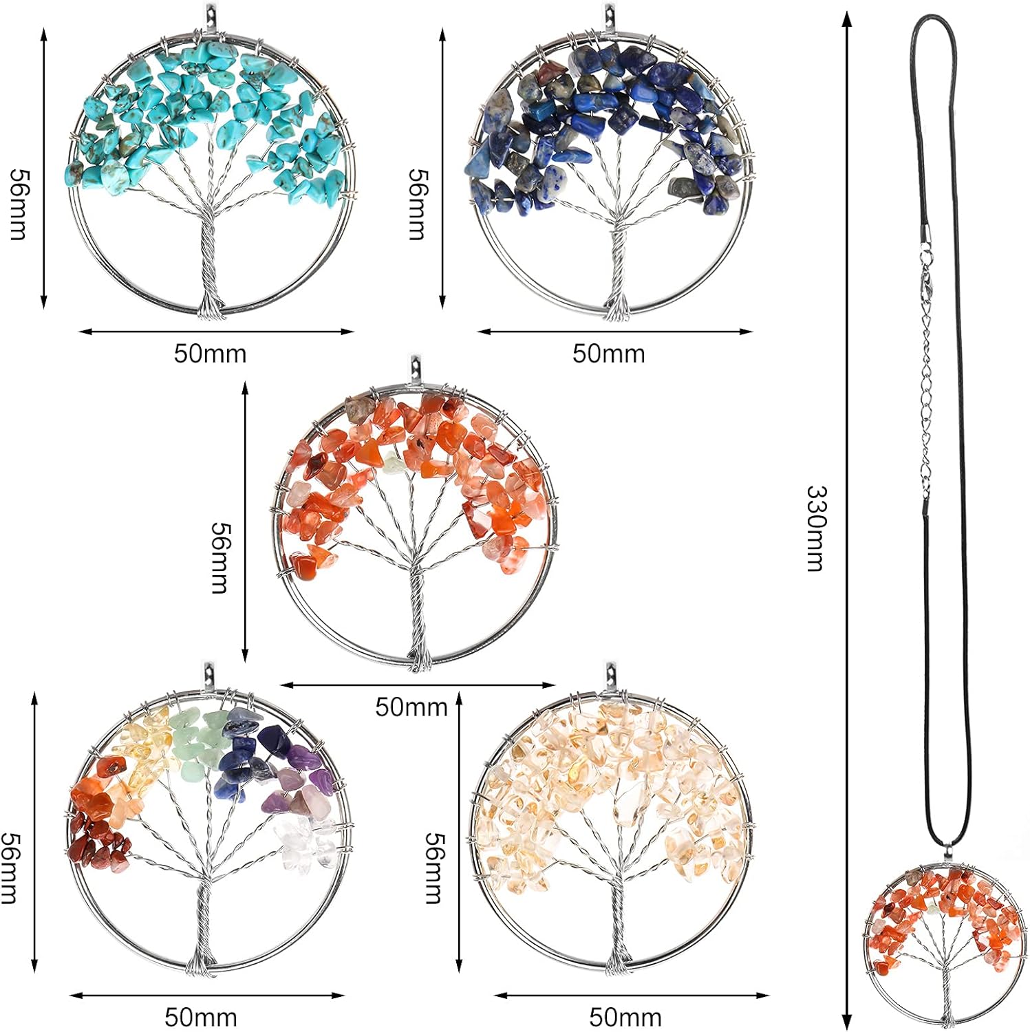 5 Pcs The Chakra Life of Tree Beads, Crystal Quartz Fortune Tree Necklace, Wire Wrapped Tree of Wisdom Charm for Earrings Bracelets Jewelry Making (Leather Chain Style) - Image 2