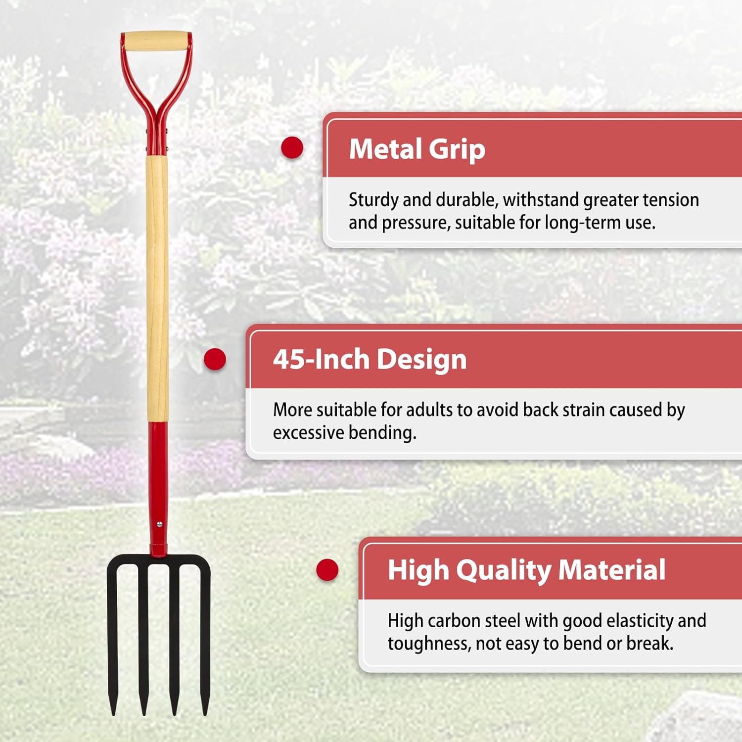 Heavy Duty Garden Fork for Digging, 4 Tines Pitch Fork for Gardening Compost, Garden Pitch Fork with Wooden Handle, 45 Inches
