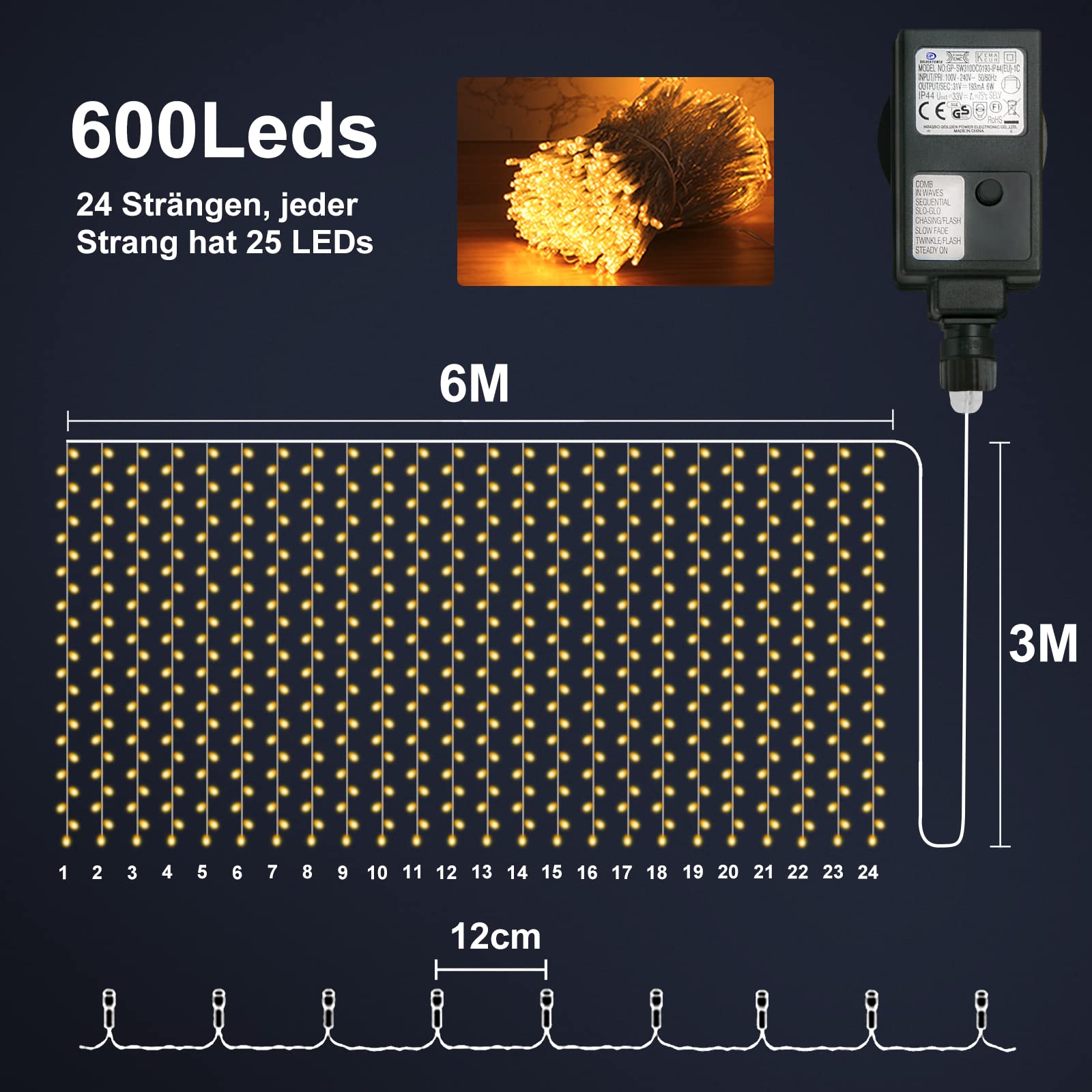 XIBOO 600 LEDs 6Mx3M Tenda Luminosa Natale Esterno Interno Luci di Natale 8 modalità di funzionamento catena luminosa tenda per decorazione d'interni matrimonio Decorazione bianco caldo
