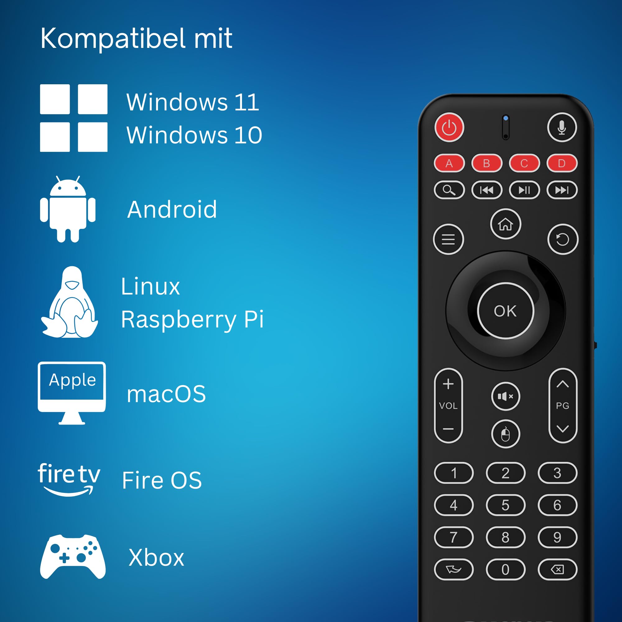 Orbsmart AM-1 Pro Airmouse Tastatur QWERTZ, Mini PC & TV Box Fernbedienung | LED-Hintergrundbeleuchtung & wiederaufladbarer Akku. Präzise Steuerung per Gyro-Sensor & Mikrofon. Inklusive IR-Lernfunktion