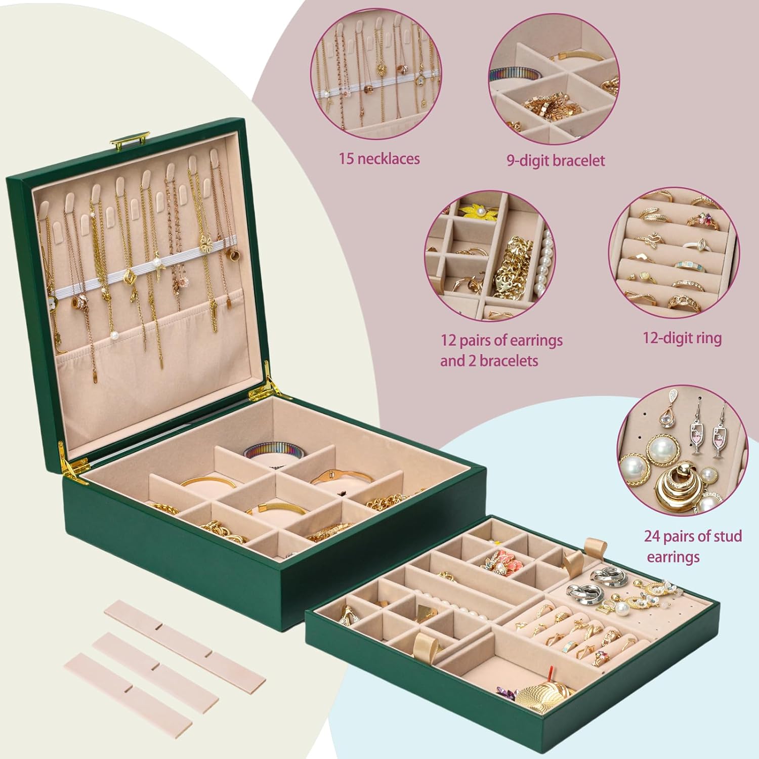 ASINGYER 2-layer jewelry box，Jewelry Organizer with Handle，with hanging necklace hooks, detachable jewelry trays, suitable for storing a large amount of jewelry gift box (Large-Green)