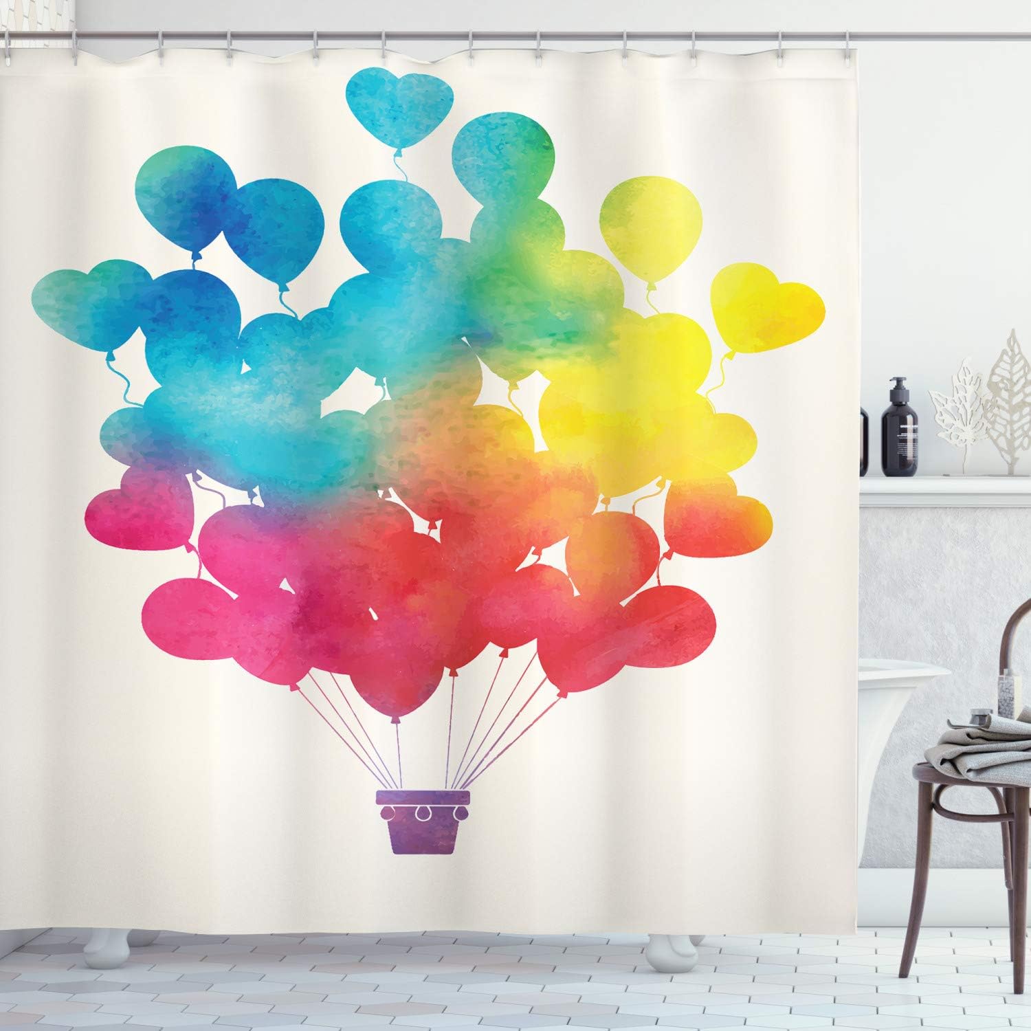 Ambesonne Watercolor Shower Curtain, Hot Air Balloon Rainbow Colors Heart Shapes Cheerful Happy, Cloth Fabric Bathroom Decor Set with Hooks, 69" W x 75" L, Sky Blue Yellow Pink Red