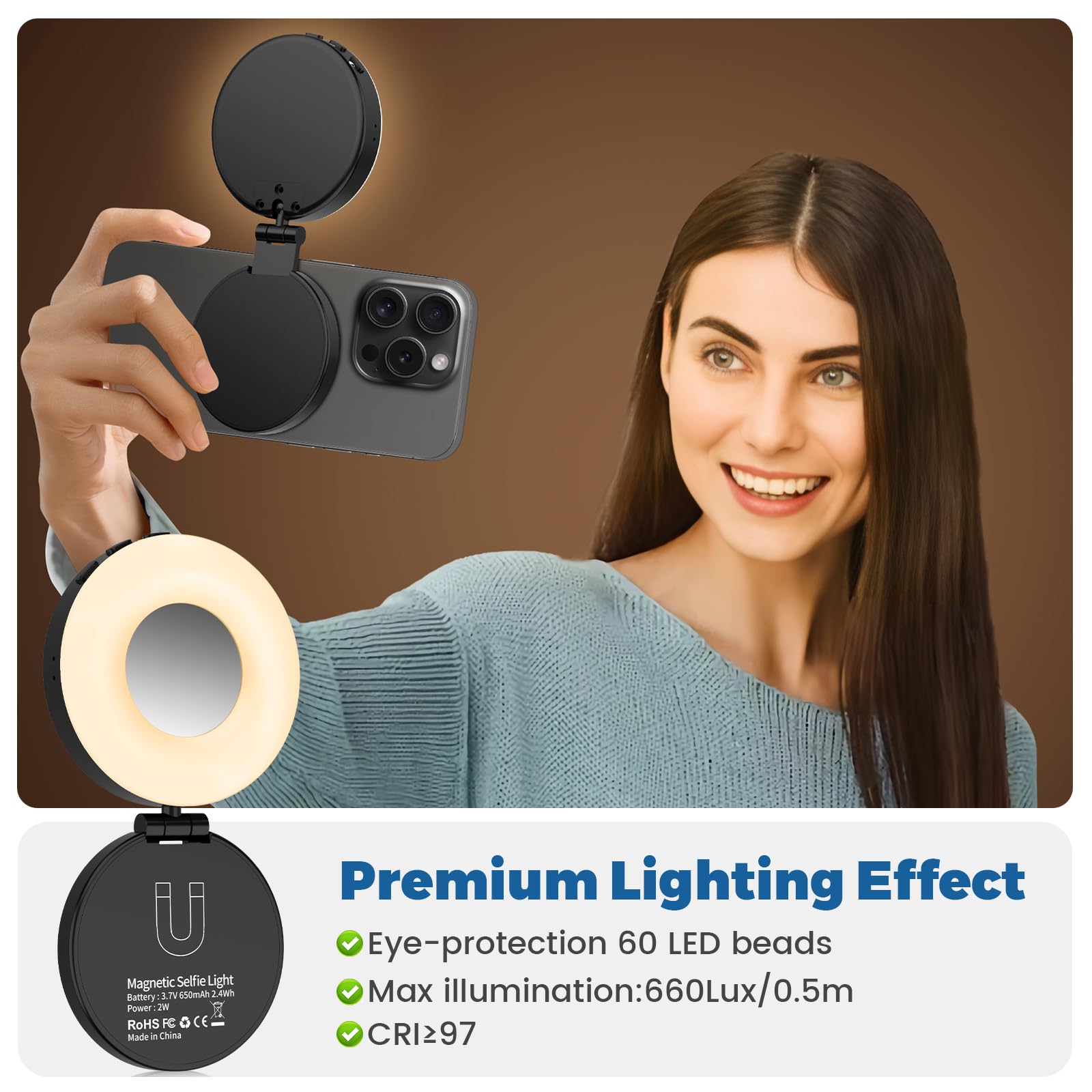 Rechargeable Magnetic Selfie Light, Fill Light With Phone Clip For