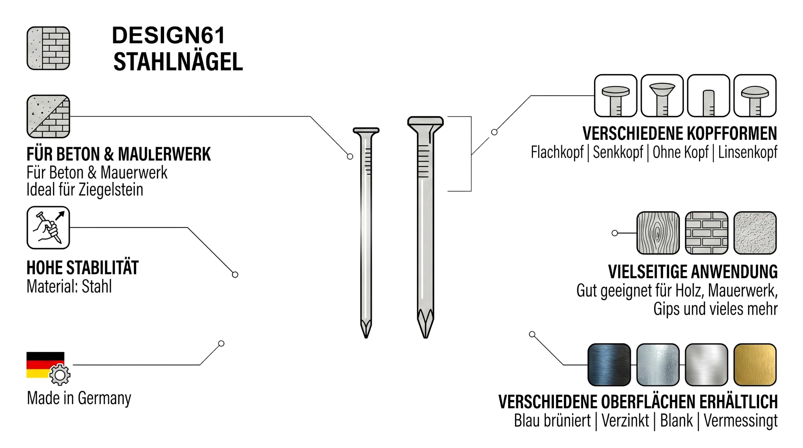 Design61 50 x perni in acciaio 2,0 x 40 mm con punta tagliata senza testa nichelata