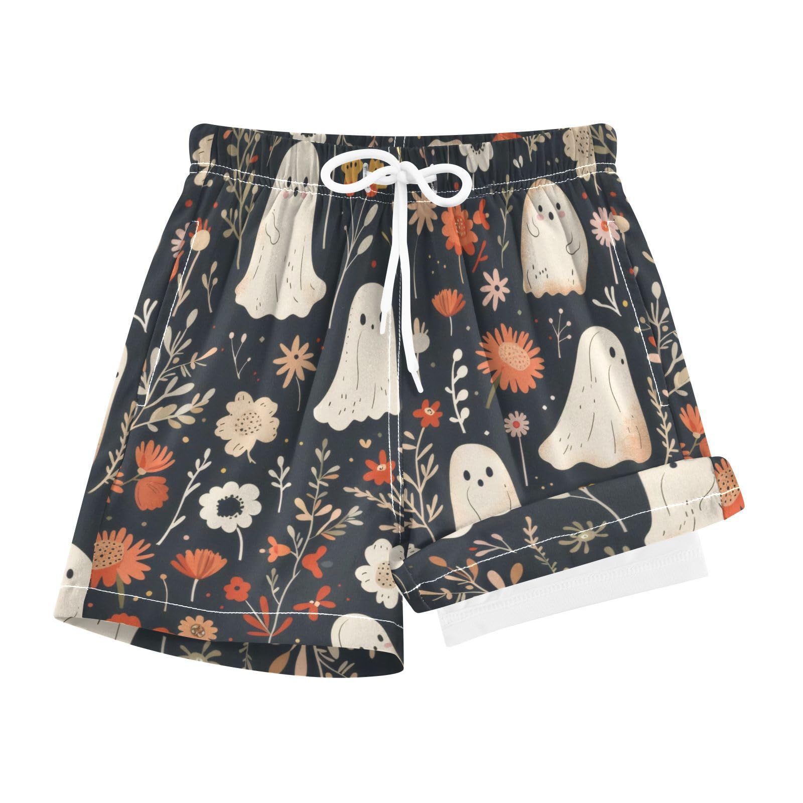 FLildon Halloween Cute Ghosts Boys Swim Trunks with Compression Liner Quick Dry Bathing Bottom Kids Beach Shorts, 12-13 Years