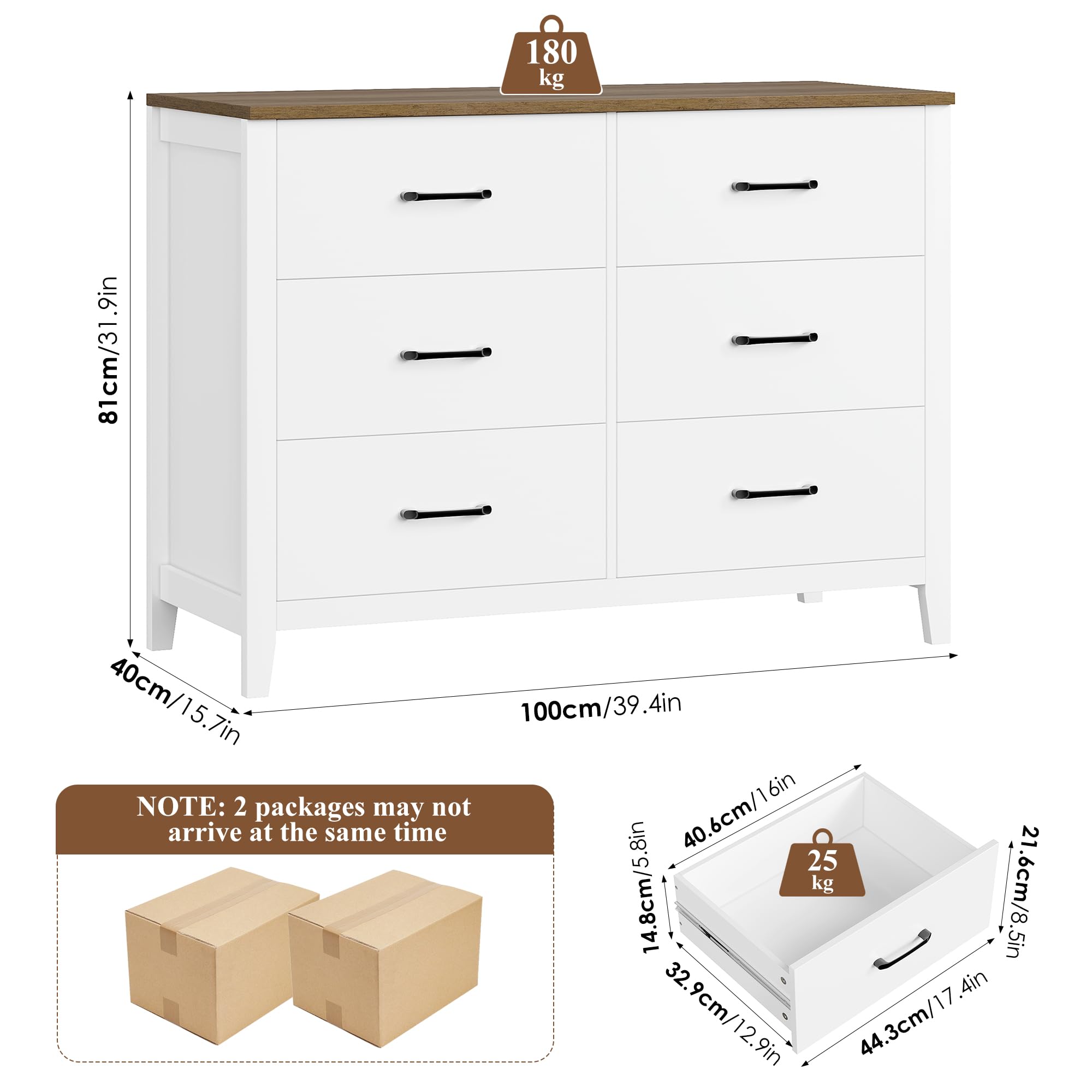 HOCSOK Commode, sideboard met 3 laden, multifunctionele kast met grote opbergruimte, ladekast voor woonkamer, hal, slaapkamer, 60 x 40 x 82 cm