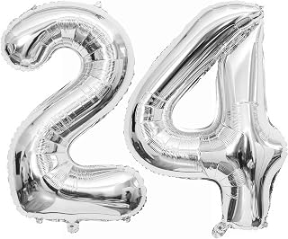 Silver 24 Number Balloons, 40 Inch Giant Number 24 Balloons Foil Mylar Helium Silver Number Balloons for 24th Birthday Party Supplies Anniversary Event Celebration Decorations