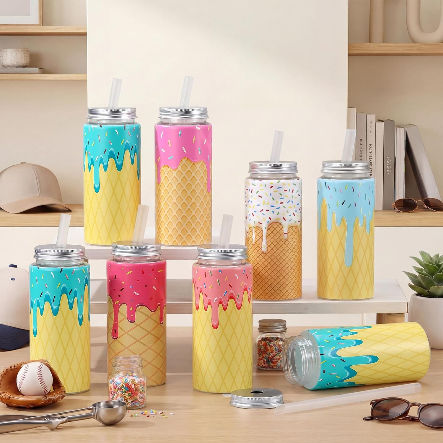24 Pack Baseball Ice Cream Drip Plastic Cups with Straws and Lids Bulk 14.2oz Reusable Tumbler Party Cups Baseball Drip Party Favors for Sport Birthday Decorations Supplies