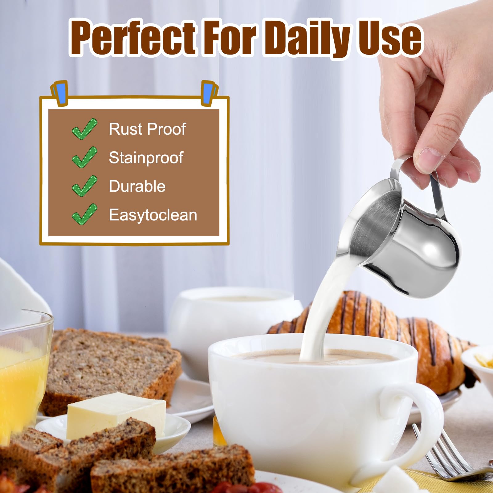 Paquete de 8 jarras para crema de 3 onzas, cremas de campana de acero inoxidable, mini dispensador de crema con boquilla de vertido para servir leche, crema de café, jarabe de arce, máquina de