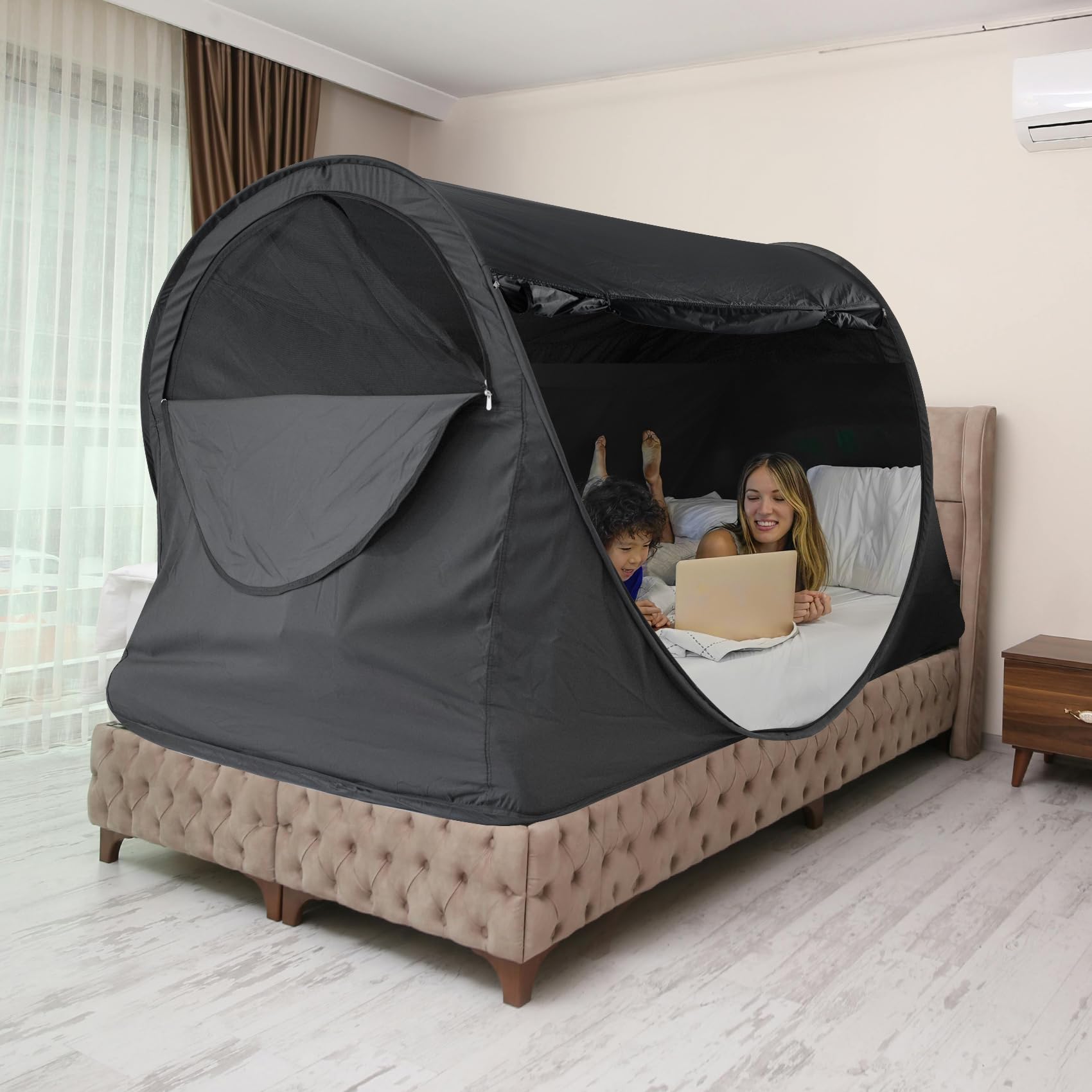 Alvantor Queen Size Bed Canopy, Pongee Cloth Pop Up Privacy Blackout Tent with 4 Openings & Anti-Mosquito Sleeping Space Great Gift for Kids & Adults