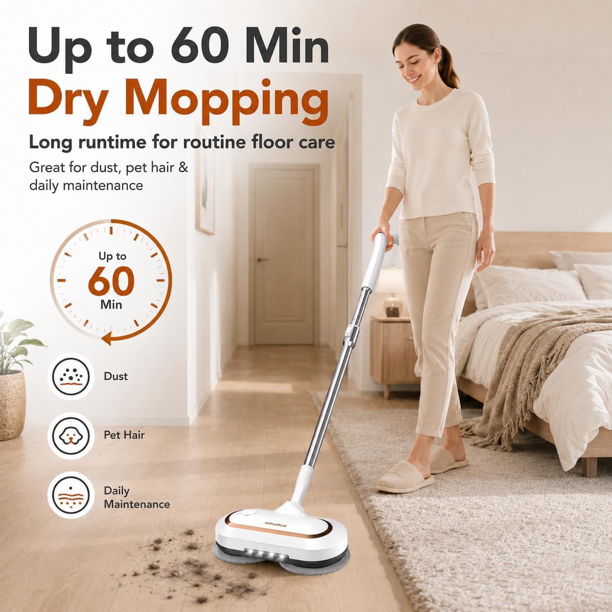 AlfaBot Kabelloser elektrischer Wischmopp, Dual Spin Power Bodenreiniger mit LED-Scheinwerfer und Wasserspray, 60 Minuten Laufzeit, selbstfahrender Wischmopp mit verstellbarem Rohr für Hartholz