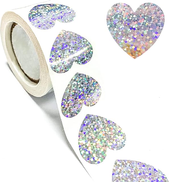 Jancosta Heart Shaped Stickers 500 pcs Silver Craft Handmade Labels Bling-Bling Valentine's Day Labels Decor for Homemade Gifts Crafts or DIY Projects 25 mm Wide (Silver)